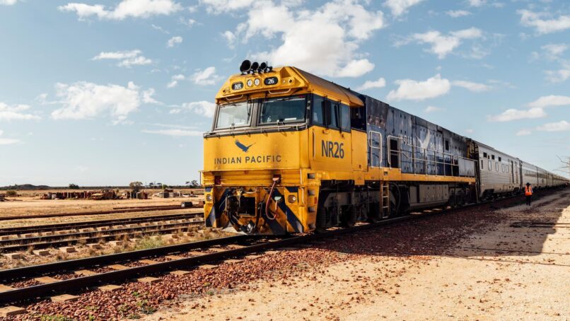 The Indian Pacific stopped in Cook Indian Pacific train travelling through a rural landscape