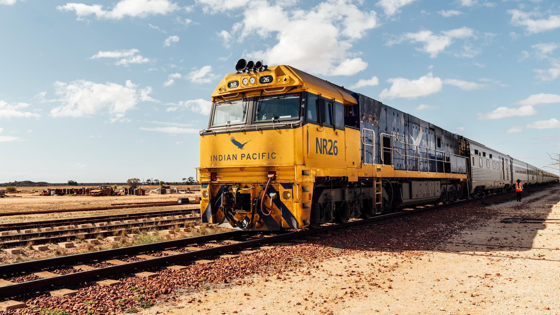 The Indian Pacific stopped in Cook Indian Pacific train travelling through a rural landscape